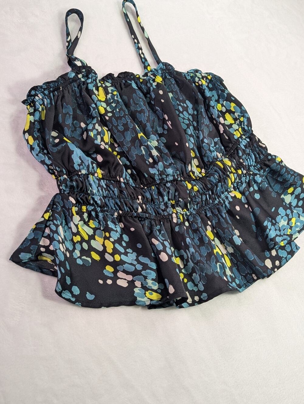 Torrid Satin Peplum Square Neck Crop Cami Black Blue Rain Dot Top Size 00 M 10